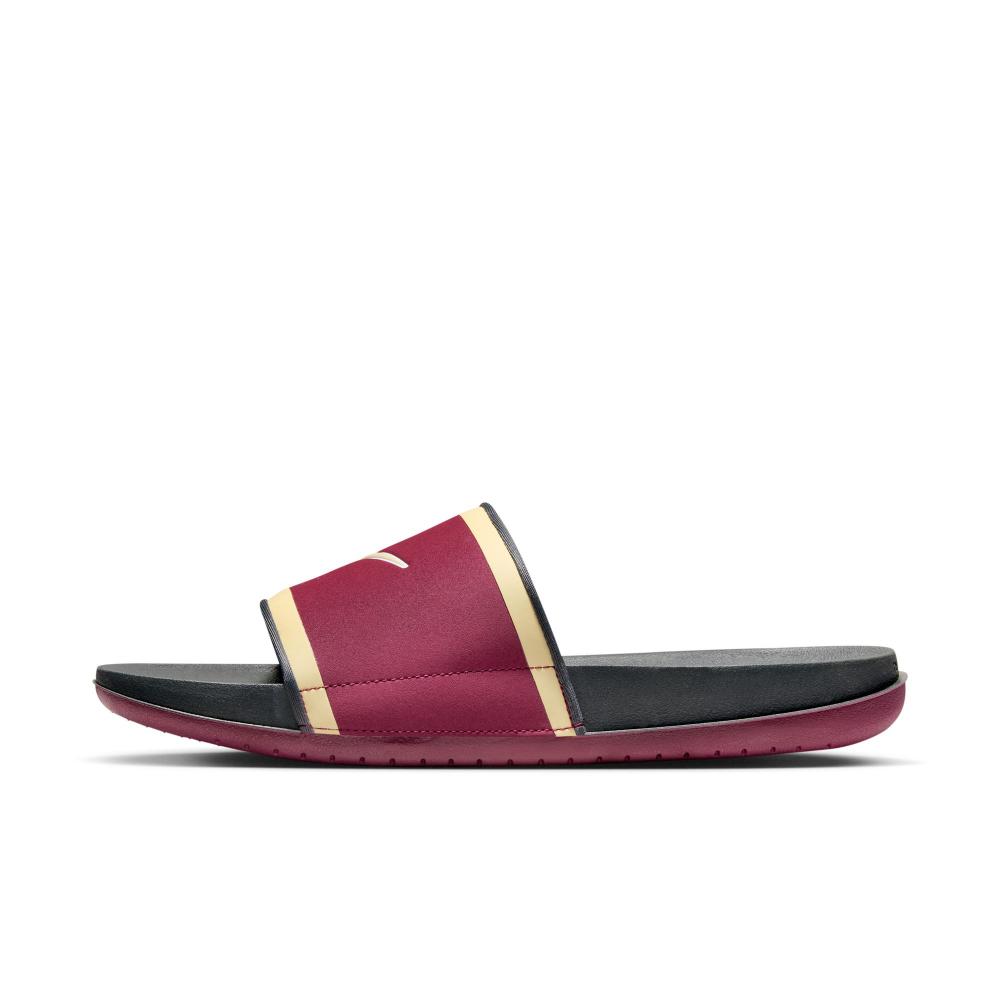 Burgundy nike slides store with gold swoosh